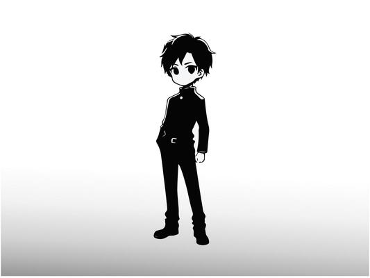 a black and white anime character standing in front of a white background