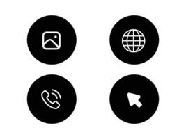 four black circles with icons of a globe, phone, and arrow vector