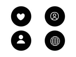 four black circles with icons of a globe, heart, and a person vector