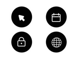 four black and white icons of a globe, padlock, and a clock vector