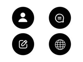 four black icons with a globe, speech bubble and a pencil vector