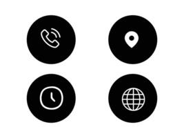 four black circles with icons of a globe, phone and clock vector