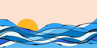 Sunset and Ocean Waves Background. Abstract sea landscape with hand-drawn lines. Minimal beach horizon design. Blue wavy pattern. vector