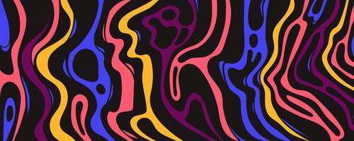 Dark Neon Swirl Background with Colorful Fluid Waves. Vibrant wavy psychedelic lines. Abstract colorful flow. Liquid glitch effect. Futuristic night design. vector