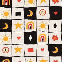 Colorful Block Pattern with Sun, Moon, Stars and Rainbows. Fun playful design. Hand drawn icons. Whimsical kids theme background. vector