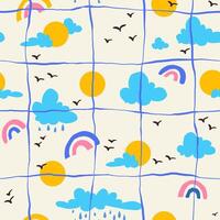 Cute Sky and Rainbow Doodles With Hand Drawn Grid. Whimsical weather seamless pattern. Blue clouds and suns on cream background. Kids art style backdrop. vector