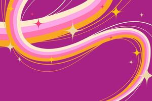Fun Colorful Fluid Lines with Sparkling Stars on Purple Background. Creative retro cosmic swirls. Perfect for futuristic prints, party and space themes vector