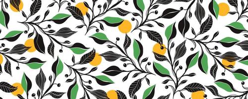 Black and White Leaf Pattern with Yellow Dots. Elegant botanical design with tree branches. Fresh foliage backdrop. Nature print design. vector