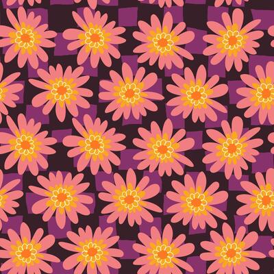Retro Hand Drawn Floral Seamless Pattern in Doodle Style. Colorful flowers and foliage with cute line sketches of branches isolated on white background. Perfect for invitations, wrapping paper, cards