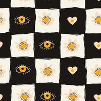 Hand Drawn Floral Seamless Pattern in Doodle Style with Black Squares, Eyes and Hearts . Colorful flowers and foliage with cute line sketches of branches isolated on white background. Perfect for vector