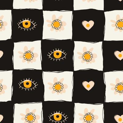 Hand Drawn Floral Seamless Pattern in Doodle Style with Black Squares, Eyes and Hearts . Colorful flowers and foliage with cute line sketches of branches isolated on white background. Perfect for