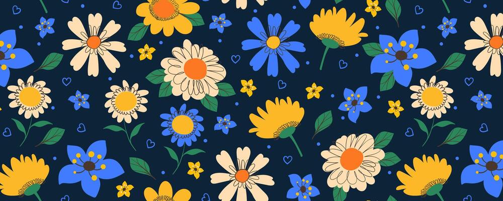 Floral Pattern with Cute Doodle Plants and Leaves. Seamless design with summer and spring florals isolated on blue background. Delicate garden hand drawn design perfect for print, fashion, cards