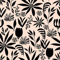 Minimalistic Botanical Pattern with Leafy Stems and Tiny Flowers on Beige Background. Elegant repetitive background with natural elements, line art, and floral motifs. Perfect for fashion, print vector