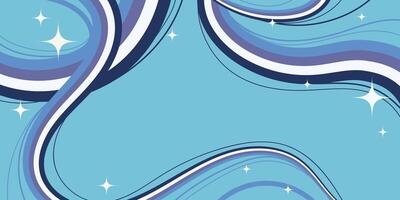 Abstract Playful Design with Colorful Cartoon Fluid Wavy Lines and Sparkling Stars on Blue Background. Retro swirls with vibrant movement. Perfect for web, print, cards, banners vector