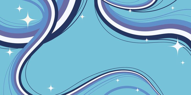 Abstract Playful Design with Colorful Cartoon Fluid Wavy Lines and Sparkling Stars on Blue Background. Retro swirls with vibrant movement. Perfect for web, print, cards, banners