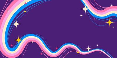 Dreamy Cartoon Squiggle Wavy Lines and Sparkling Stars on Purple Background. Retro cosmic swirls with vibrant movement. Perfect for futuristic prints, party and space themes vector