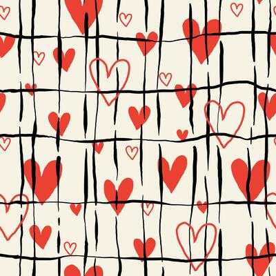 Heart Pattern with Black Line Grid with Red Doodle Hearts in Hand Drawn Style. Romantic love-themed background. Cute valentine illustration. Whimsical sketchy texture.