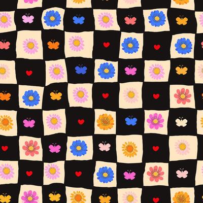 Playful Doodle Floral Seamless Pattern. Colorful flowers and foliage with cute line sketches of branches isolated on plaid background. Perfect for invitations, wrapping paper, cards, posters, holidays