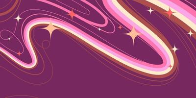 Fluid Colorful Lines and Sparkling Stars on Dark Pink Background. Retro hand drawn swirls with vibrant movement. Perfect for cards, posters, flyers, web, banners vector