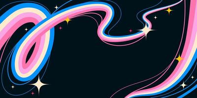 Playful Cartoon Squiggle Wavy Lines and Sparkling Stars on Black Background. Retro cosmic swirls with vibrant movement. Perfect for futuristic prints, party and space themes vector