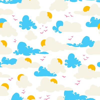Sun and Clouds Seamless Pattern with Flying Birds in Blue Sky. Whimsical kids theme. Cartoon style sky elements. Cute pastel cloud background.