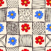 Playful Floral Seamless Pattern in Doodle Style with Black Lines. Colorful flowers and foliage with cute line sketches of branches isolated on white background. Perfect for invitations, wrapping paper vector