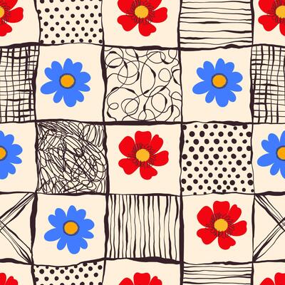Playful Floral Seamless Pattern in Doodle Style with Black Lines. Colorful flowers and foliage with cute line sketches of branches isolated on white background. Perfect for invitations, wrapping paper