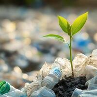 Seedling growing in waste photo