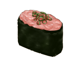 Semi real illustration of minced raw tuna Negitoro gunkan sushi graphic with transparent background png