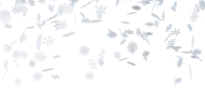 Delicate snowflakes descend softly against transparent background, creating a tranquil and magical winter atmosphere in the evening hours. Beauty of the falling snow. Header, top border. 3D render. png
