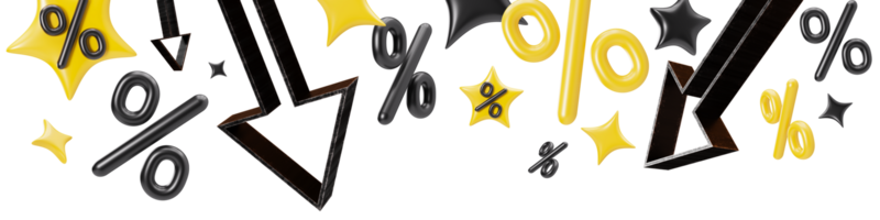 Bright and engaging 3D header designed for promotional purposes, showcasing discount signs and arrows to convey a sale theme, isolated on transparent background, perfect for attracting attention. png