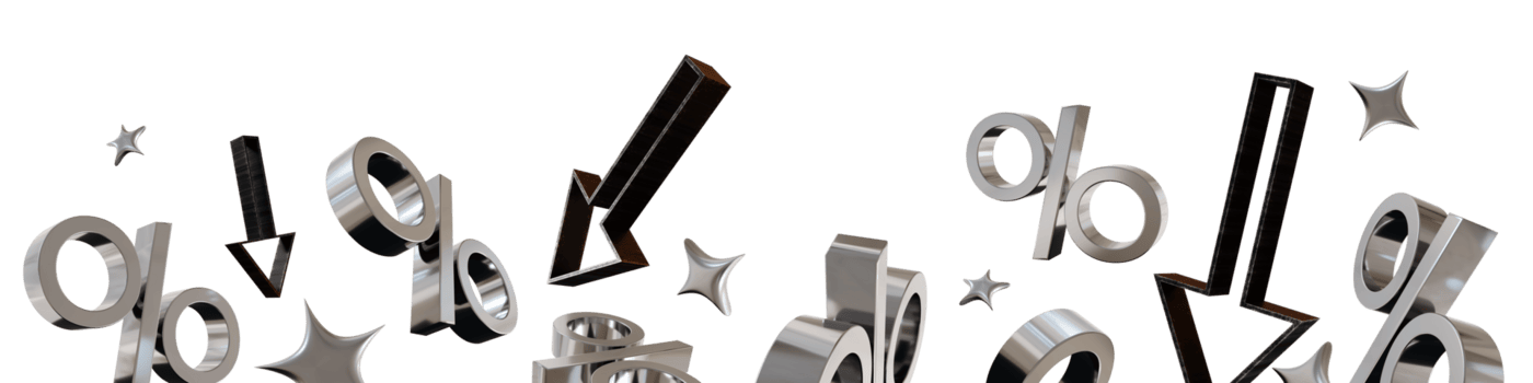 A 3D rendered footer features multiple discount signs and arrows in a dynamic arrangement, emphasizing a sale theme, isolated on transparent background. This design captures attention effectively. png