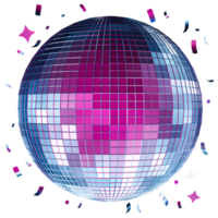 The neon-colored disco ball sparkles with reflections as vibrant confetti surrounds it, creating an exciting festive atmosphere perfect for any celebratory event. Isolated on transparent background. png