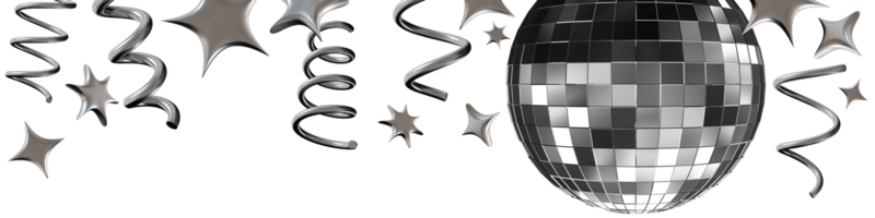 Bright chrome disco ball shines among floating stars and spirals, creating an energetic ambiance perfect for parties or special events. Header, wide top element, border. 3D rendering. Y2k style. png