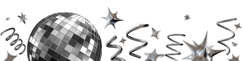 Stunning chrome disco ball surrounded by shiny stars and chrome ribbons, isolated on transparent background, creating vibrant and energetic vibe suitable for celebrations and events. Footer png
