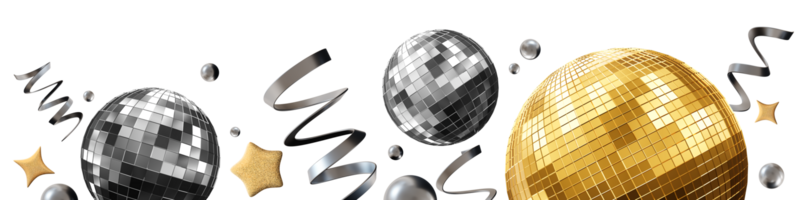 A vibrant footer features silver and golden disco balls alongside sparkling stars and metallic ribbons, creating a festive look perfect for celebrations and parties. Bottom element, border. 3D render. png