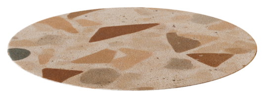 Round 3D carpet features patterned design with various abstract shapes in earthy tones, suitable for enhancing living spaces in modern interior projects. Front view, rug on transparent background. png