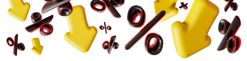 Bold discount signs and dynamic arrows create striking sale-themed header. This 3D render captures attention with vivid colors, perfect for promotional content. Top border, panoramic design element. png