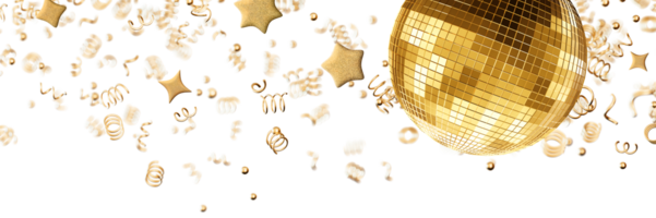 Stunning golden disco ball captures light while colorful confetti swirls around it, isolated on transparent background. This display evokes joy and excitement perfect for party settings. Header png