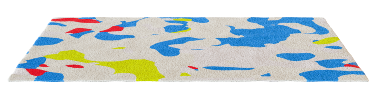 This vibrant 3D carpet features abstract design with bold colors like blue, red and yellow, ideal for elevating contemporary living spaces. Its unique patterns enhance any rooms aesthetic. Front view. png