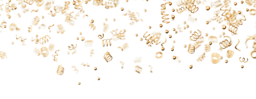 Golden confetti descends softly, adding a touch of elegance and sparkle to the festive atmosphere. Joy and excitement. Falling down confetti, isolated on transparent background. Header, top element. png
