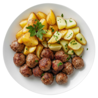 A plate of meatballs and potatoes with parsley, isolated on a transparent background, top view png