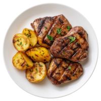 Grilled potatoes with meat isolated on transparent background, top view png