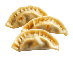Three cooked Asian dumplings with crispy edges isolated on transparent background png