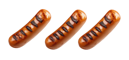 Three grilled sausages with dark barbecue grill marks isolated on transparent background png