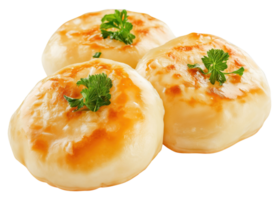 Three fried dumplings with parsley isolated on transparent background png