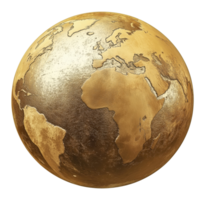 Shiny golden earth globe illustration with a metallic texture isolated on a transparent background png