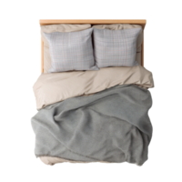 Double bed with plaid blanket and pillows, top view png