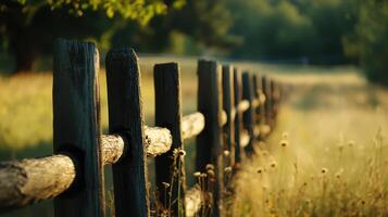Rustic Fence Through Meadow. Tranquil Rural Landscape with Wooden Fence View photo