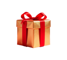 Isolated Golden gift box with red ribbon bow on transparent background, rich style, wrapped presents for your festive design, banner or poster, empty blank copy space for text png